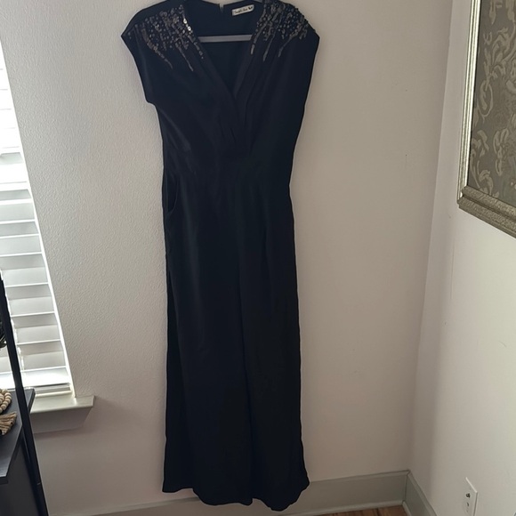 Double zero black mate sequin embellished V cleavage sleeveless jumpsuit Sz S - Picture 1 of 8